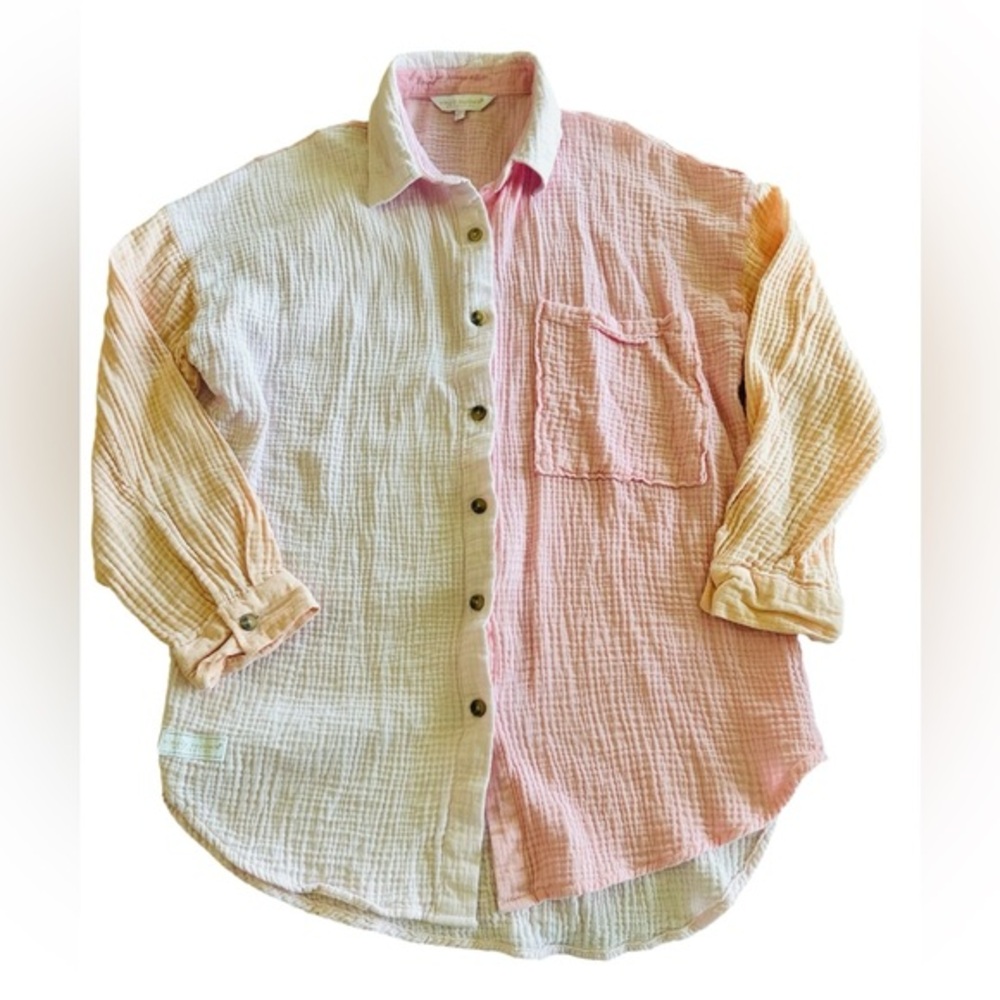 Simply Southern Color Block Button Down Guaze Top Womens S/M Pink Peach